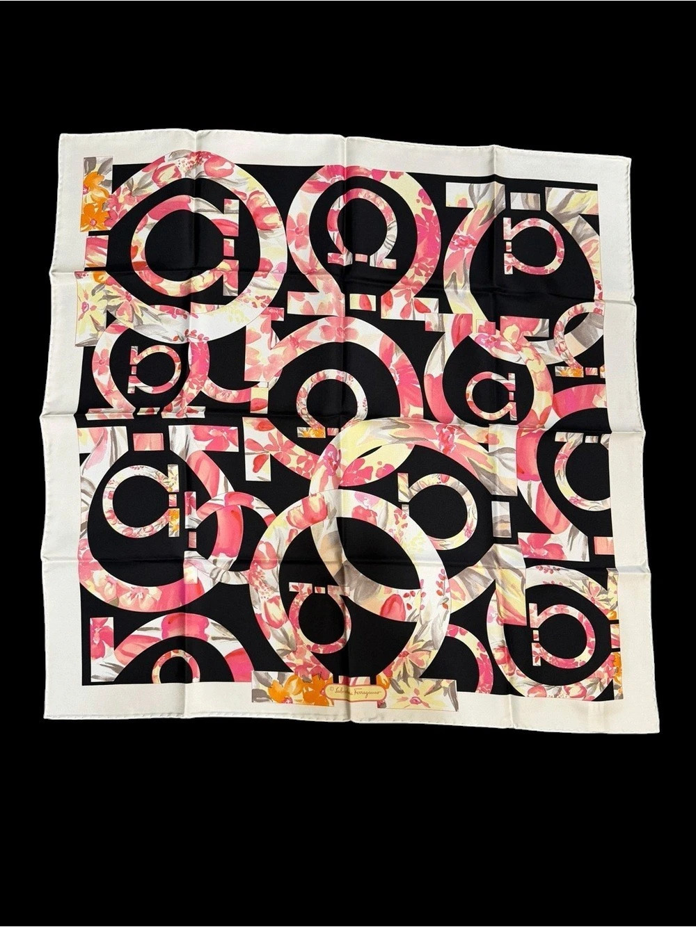 Salvatore Ferragamo Gancini Floral Silk Scarf Black & Pink